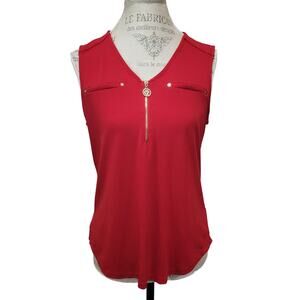 Anne Klein Bright Red Partial Zip Front V Neck Sleeveless Blouse Tank Top Shirt
